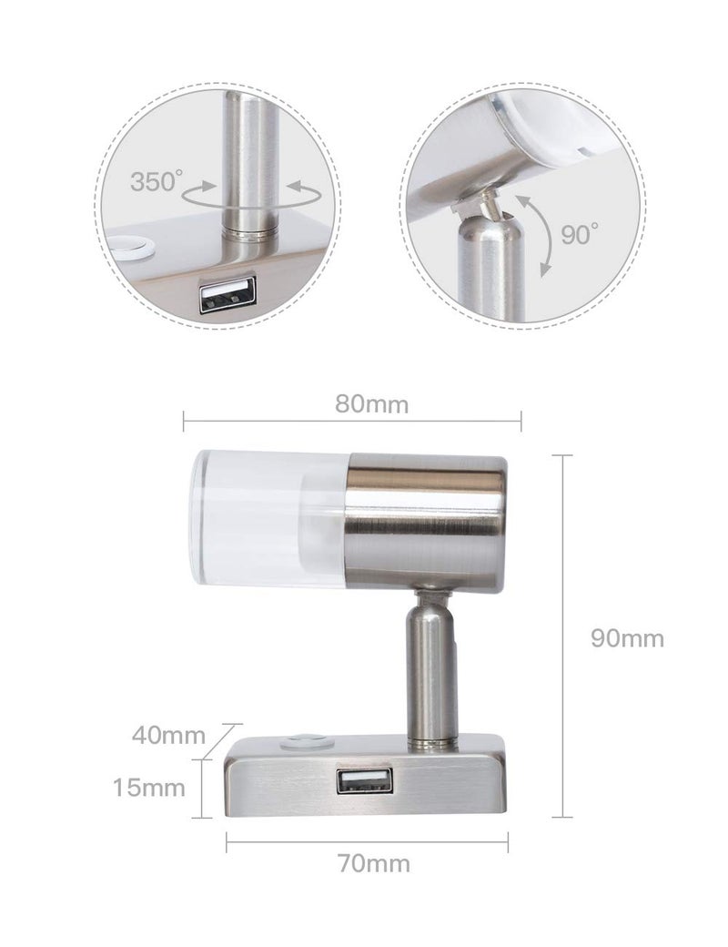 lighteu 12V Reading Light LED RV Interior 3W with USB Port (5V/2A) Bedside, Designed for Reading, Boat, Yacht, and Caravan,Touch Switch Dimmable Warm Two Pack(Nickel 2X A2-USB) - Image 2